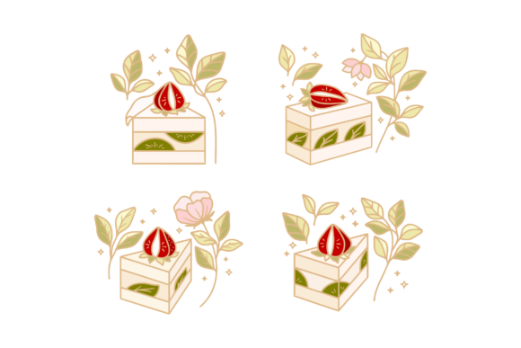 Charming Floral, Green Tea, Strawberry Cake Set